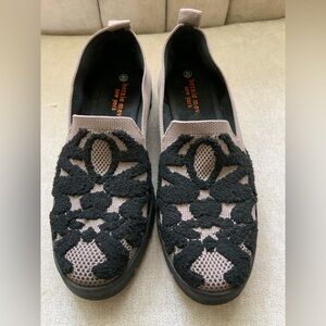 bernie mev. Taupe Slip-On Flats with Black Crochet Appliqué